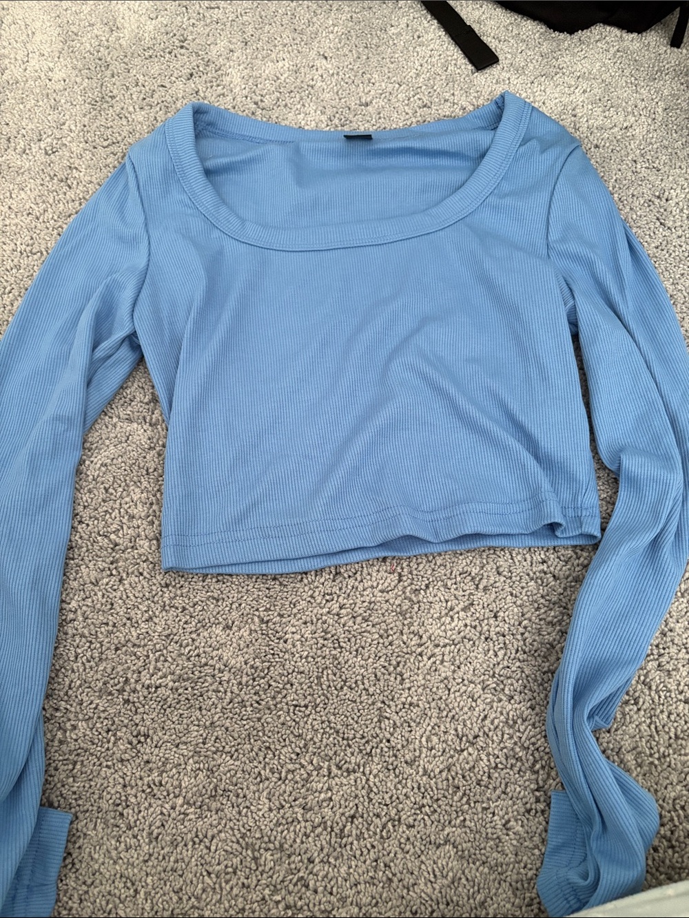 SHEIN Light Blue Ribbed Scoop-Neck Cropped Long-Sleeve Top